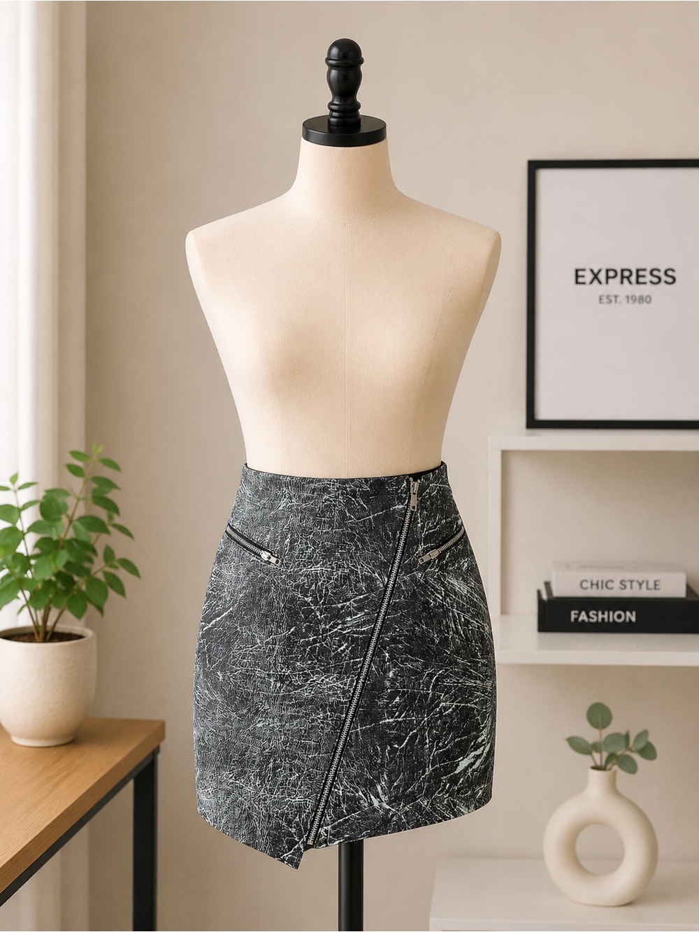 GUESS Mint-Print Asymmetric Zip Mini Skirt